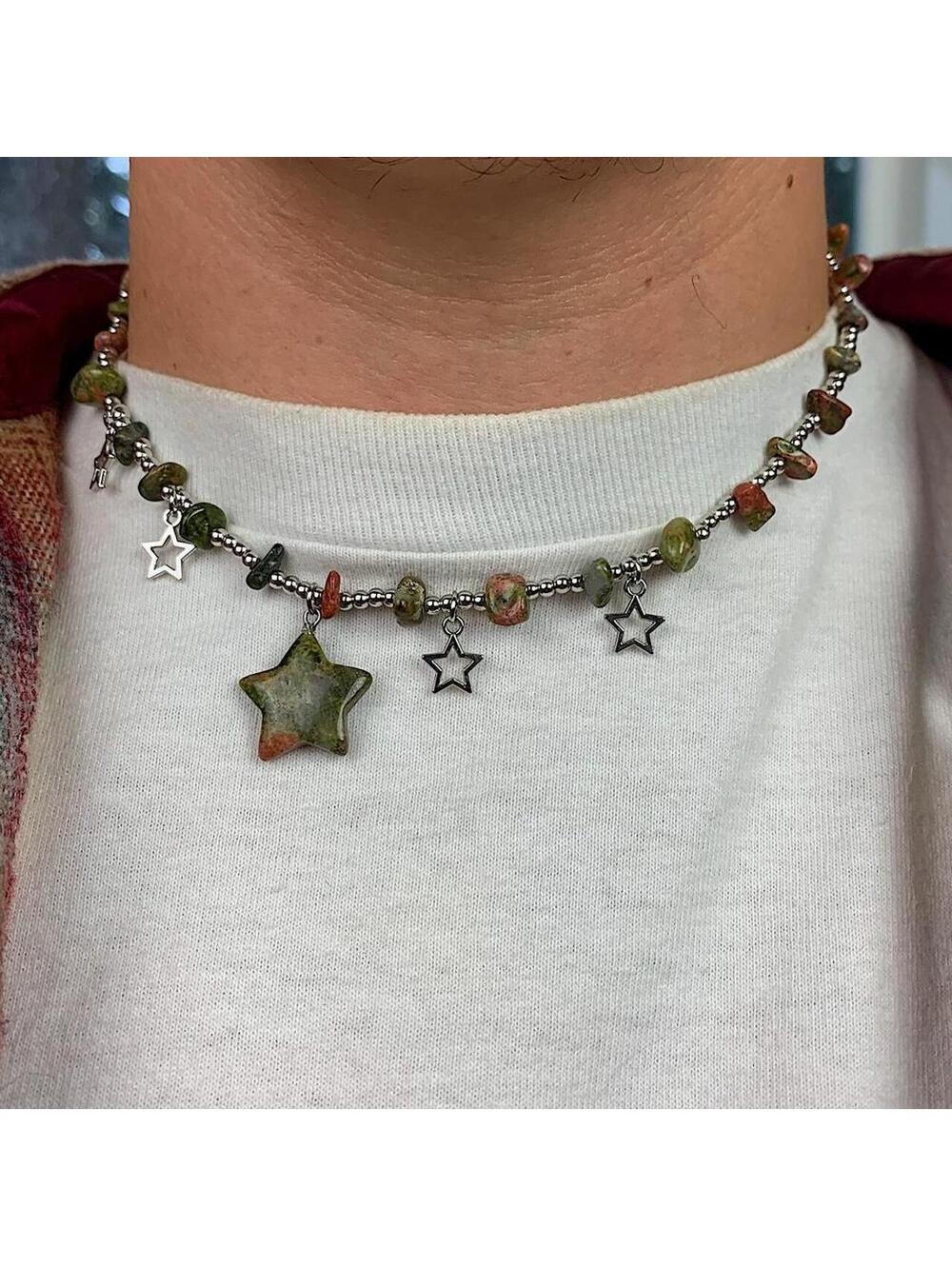 Y2k 2000s style Earth Tone Star Rock Silver Beaded Pendant Necklace. Chain is - Picture 8 of 8